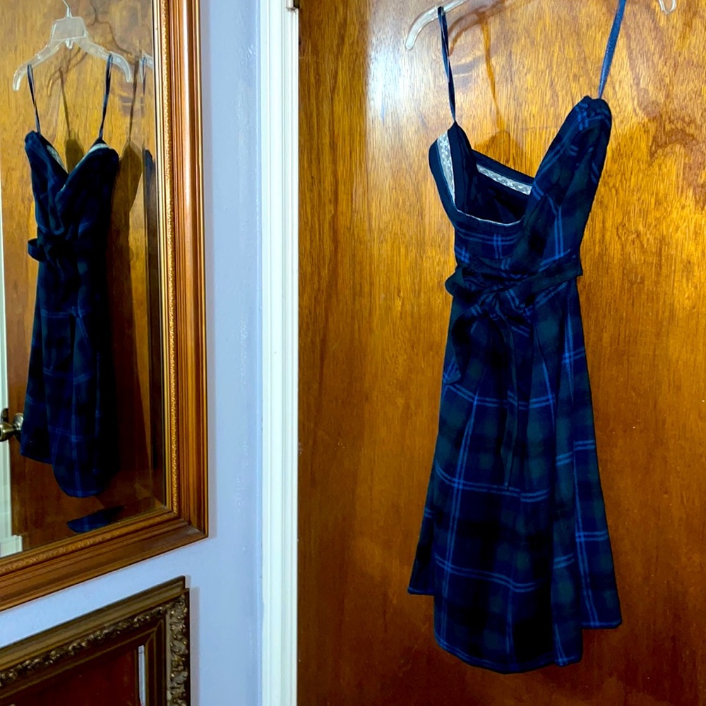 Wool, plaid strapless a-line dress with belt
